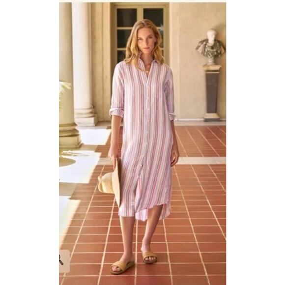 FRANK & EILEEN Sz XL Rory Pink Green Stripe Maxi Linen Shirt Dress - Picture 12 of 12